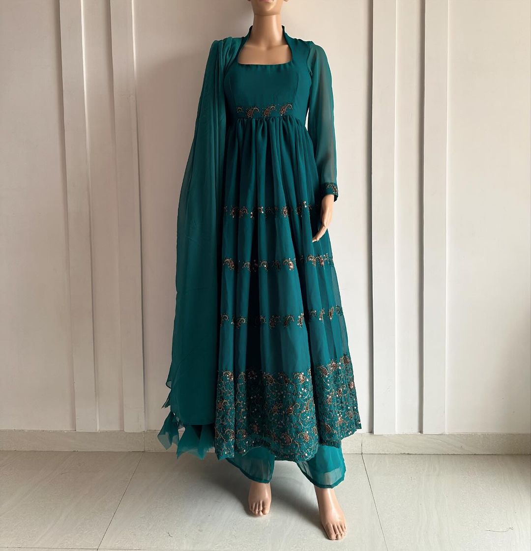 Teal Green Nukta Print Anarkali