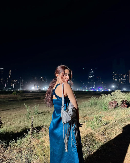 Midnight Teal Satin Slip Dress