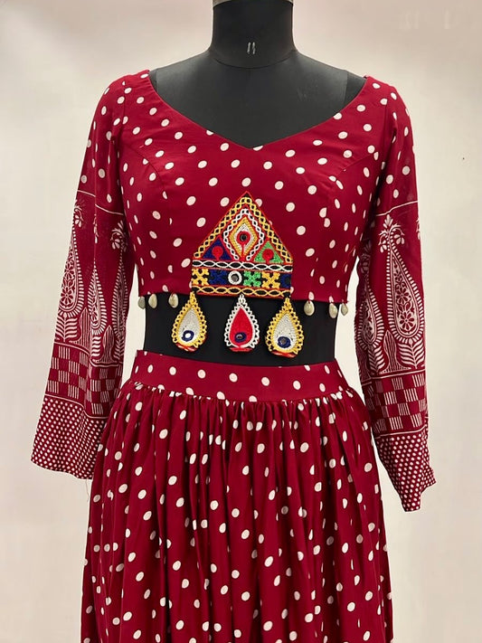 Maroon Bandhani Polka Anarkali with Kutch Mirror Belt