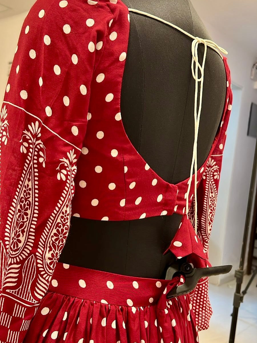 Maroon Bandhani Polka Anarkali with Kutch Mirror Belt