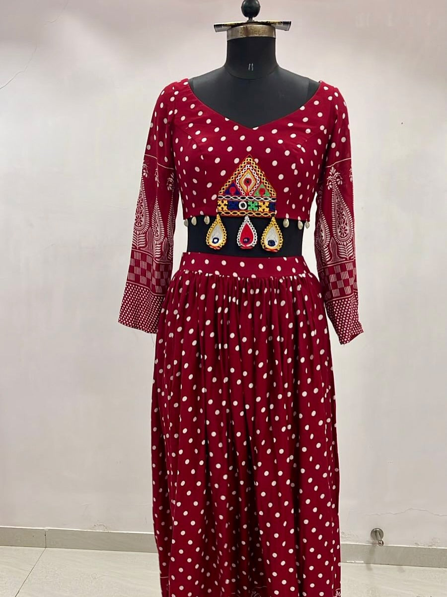 Maroon Bandhani Polka Anarkali with Kutch Mirror Belt