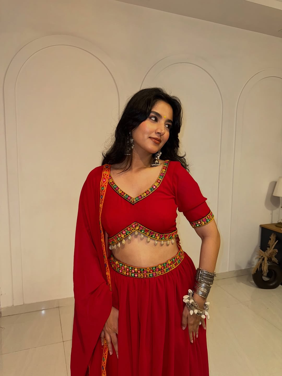 Red Mirror Work Lehenga with Blouse & Dupatta