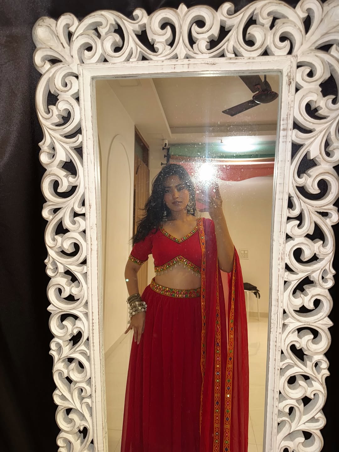 Red Mirror Work Lehenga with Blouse & Dupatta