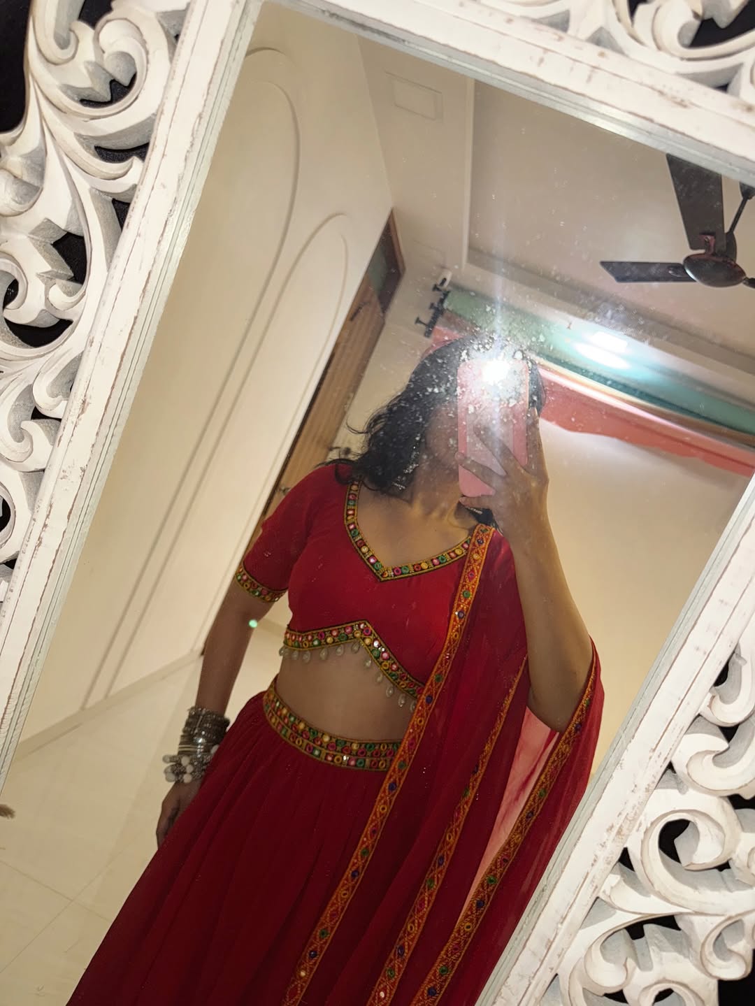 Red Mirror Work Lehenga with Blouse & Dupatta