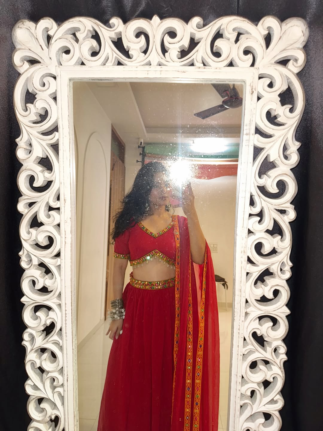 Red Mirror Work Lehenga with Blouse & Dupatta