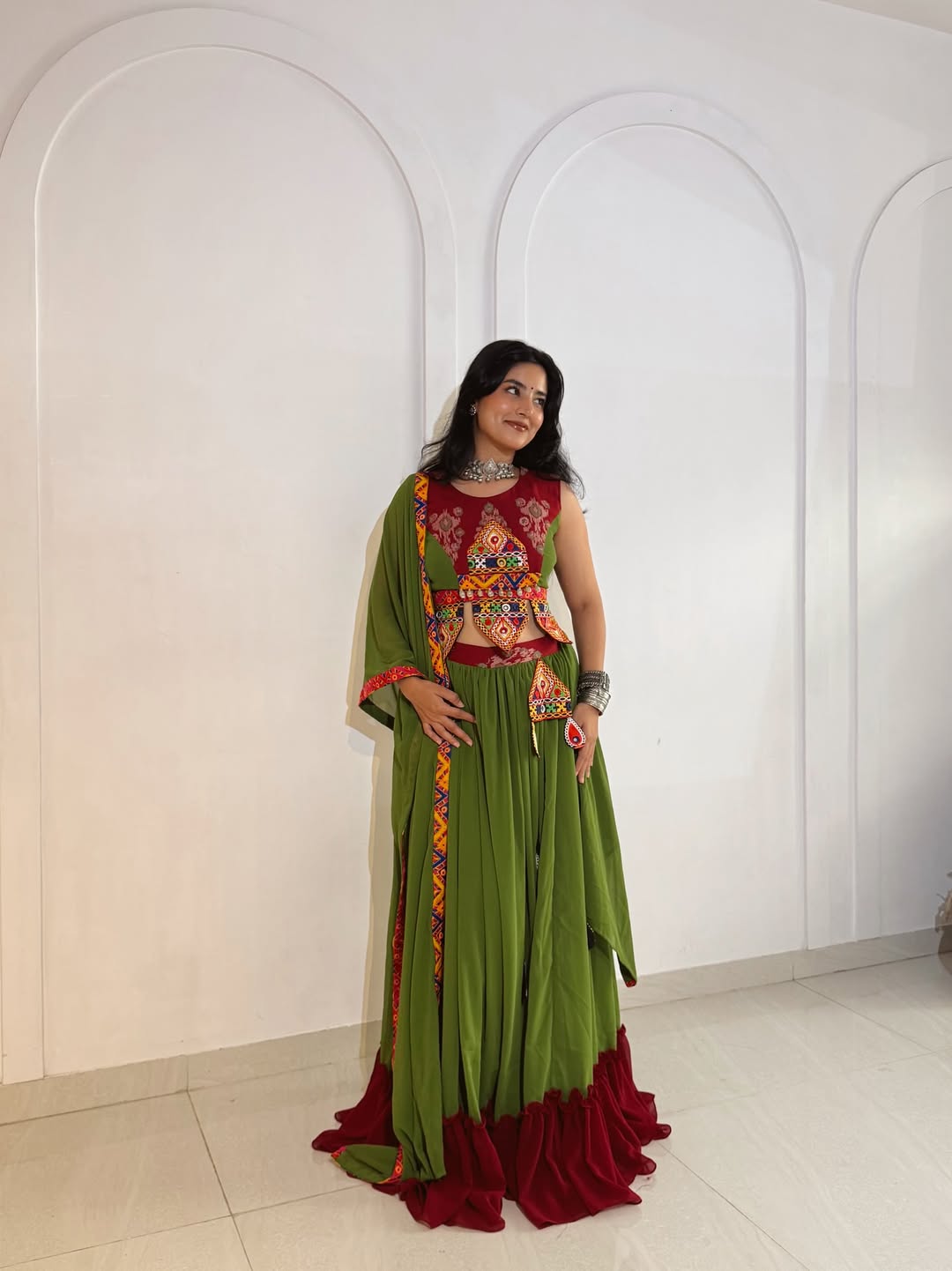 Mehndi Ras Fusion Mirrorwork Lehenga