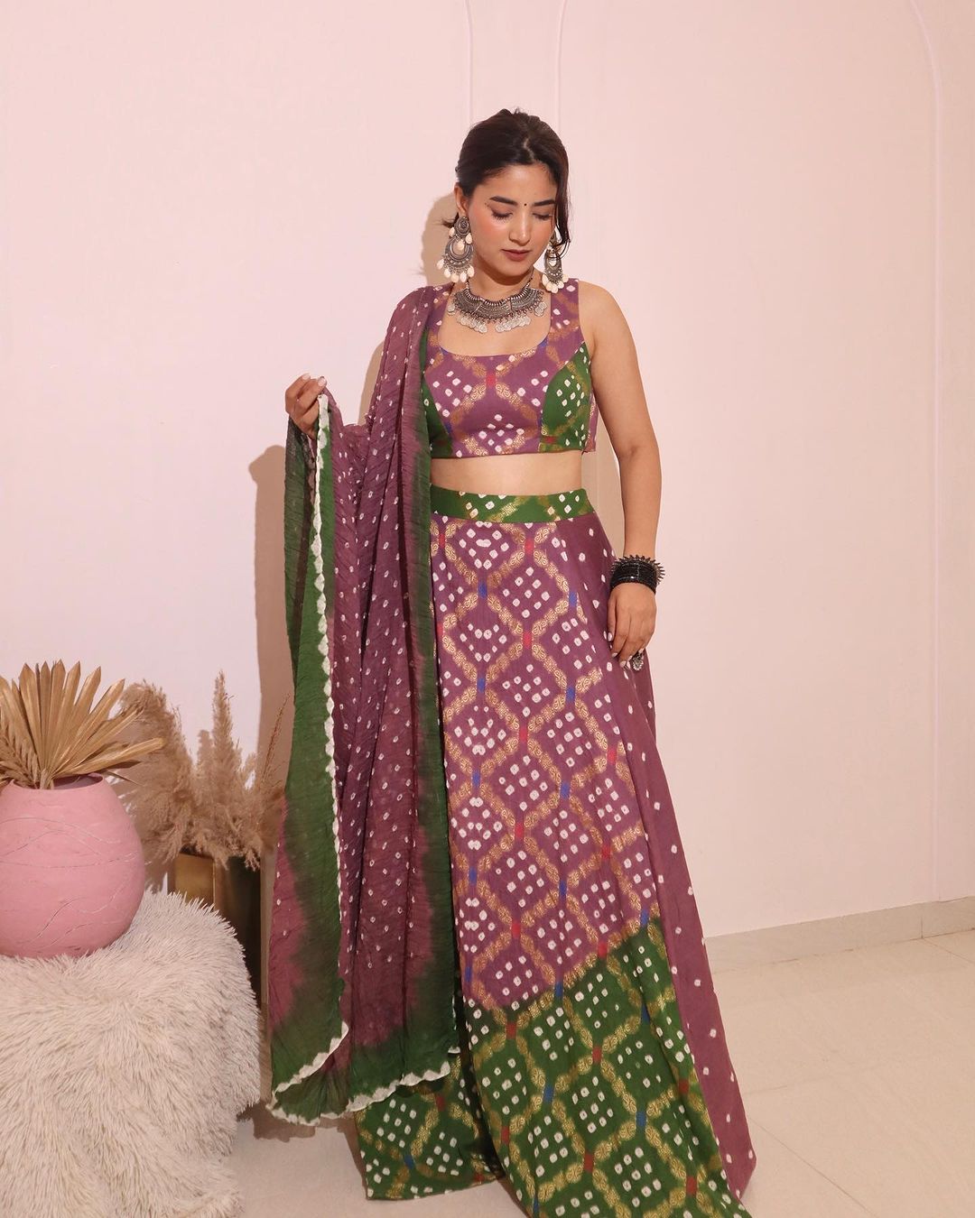 Navratri Pink green bandhani lehenga
