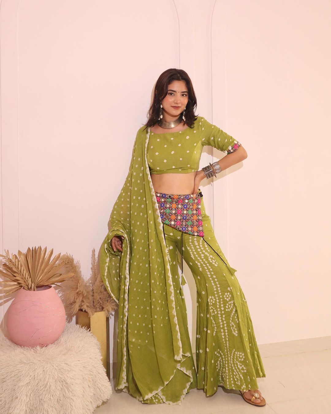 Navratri Green Bandhani plazzo set with Belt