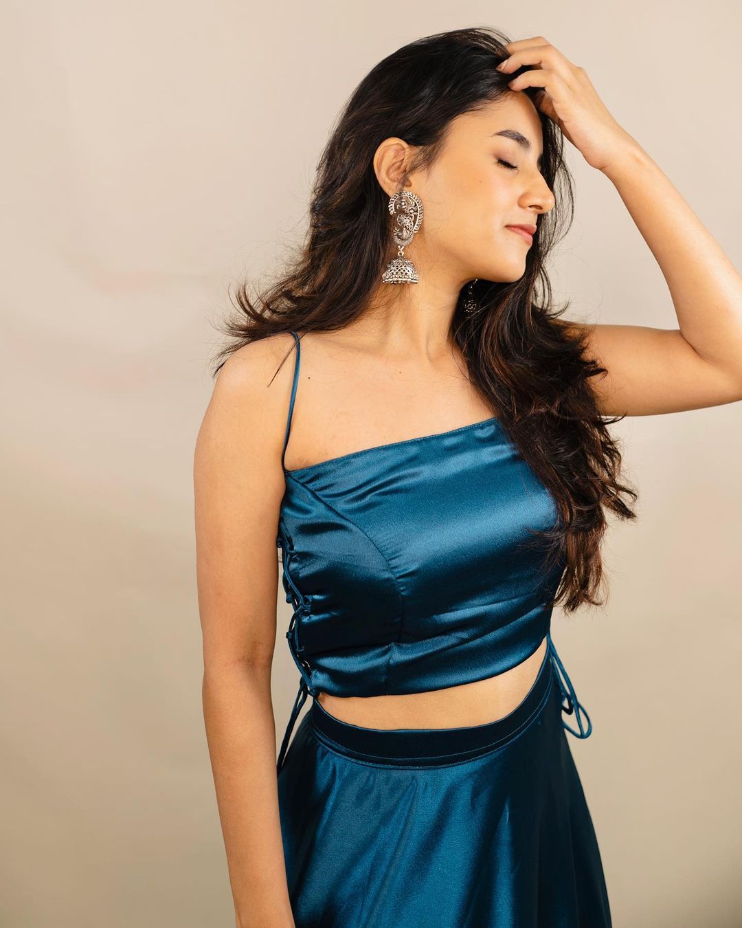 Turquoise Satin Two Piece Lehenga Set | Ethnic Party Wear
