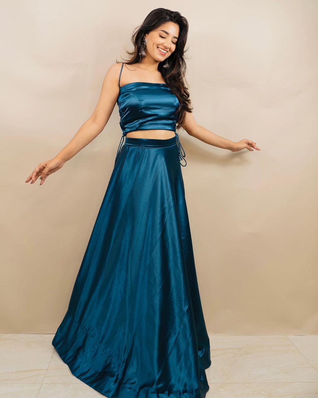 Three Piece Two Piece Ethnic Dress Turquoise Satin Two Piece