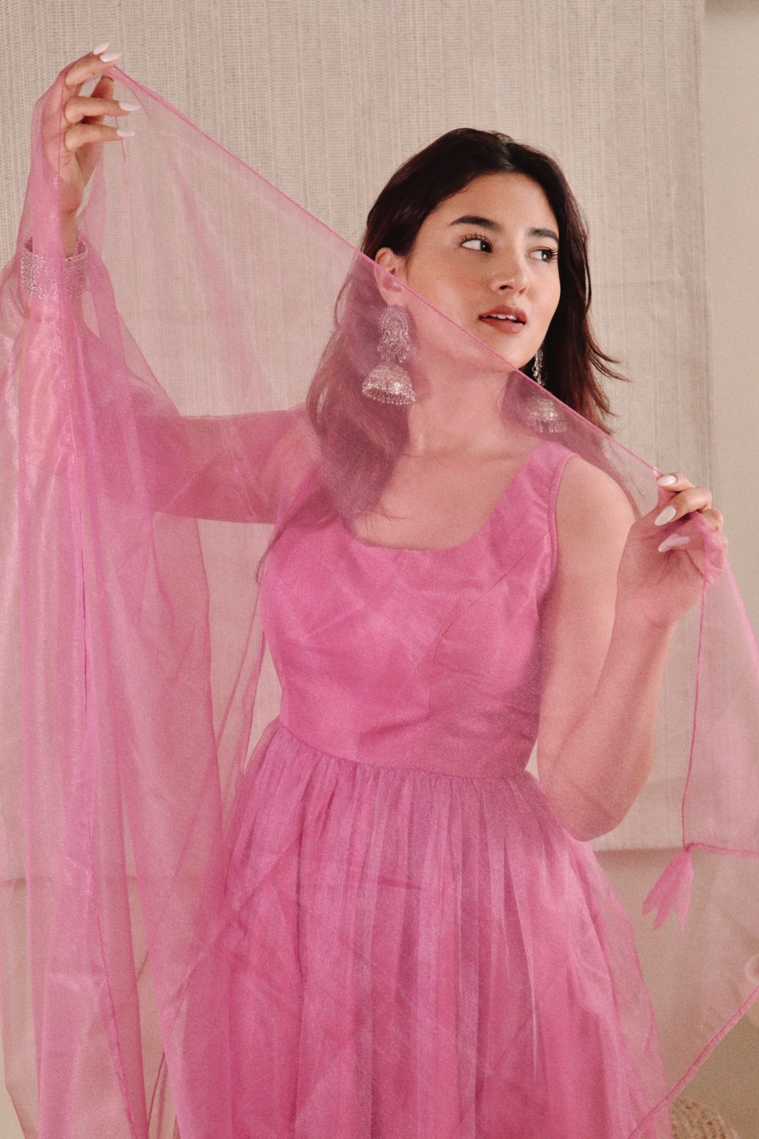 pink tissue dress Pink Soft Net & Organza Tissue Off-Shoulder Draped Dress For Girls by Janyas Closet at Pernia's Pop Up Shop 2026
