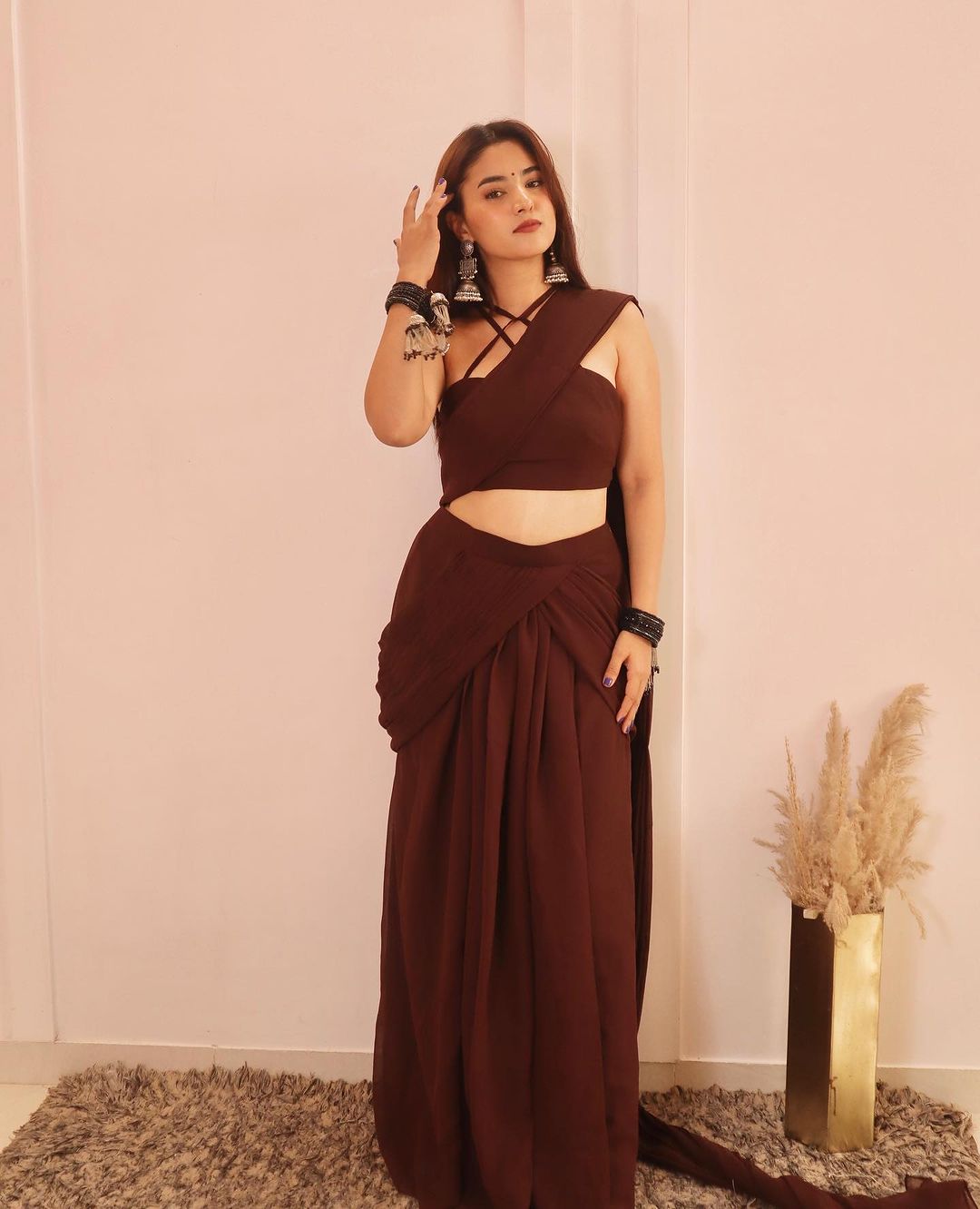 Brown shell ready to wear saree