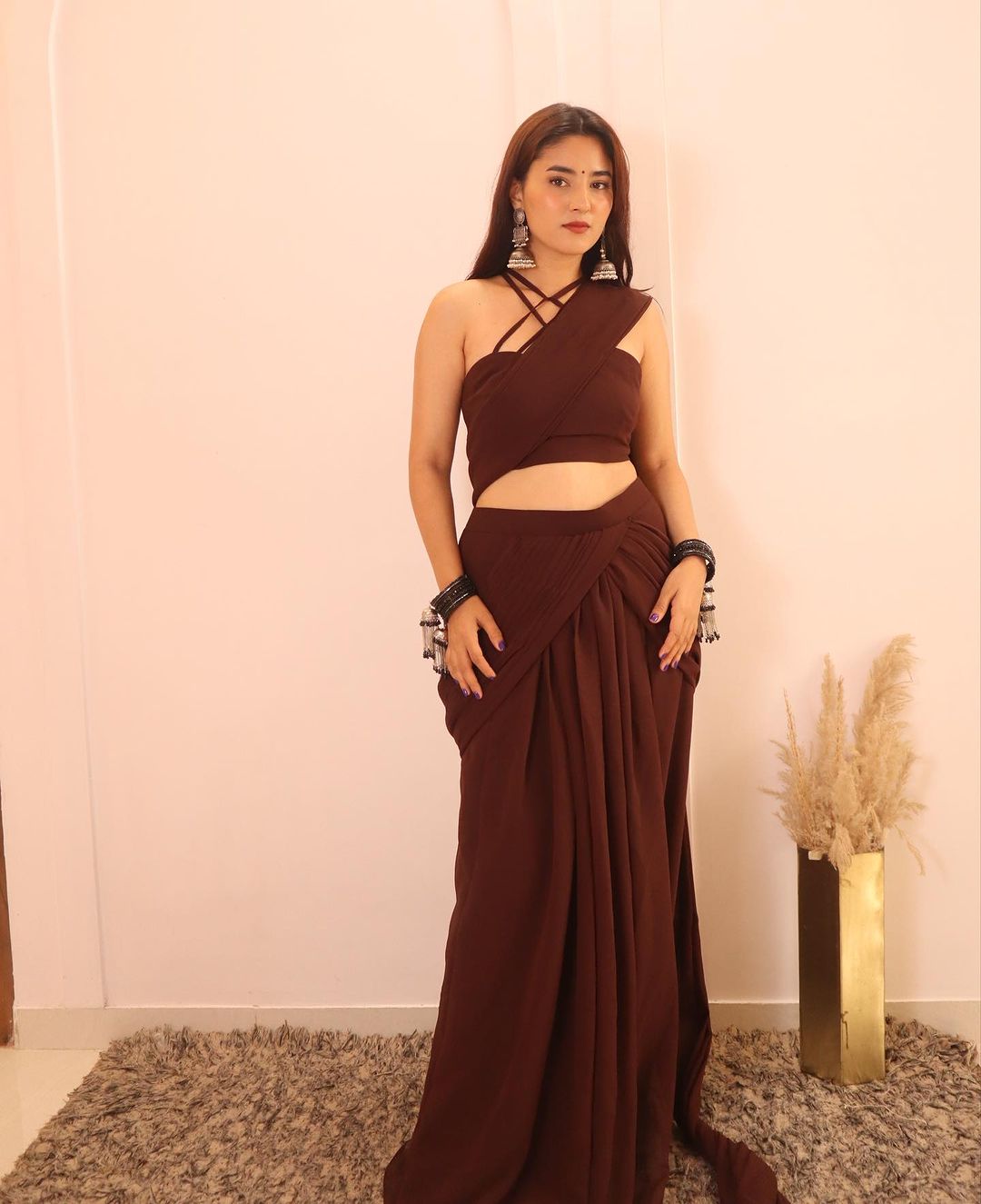 Brown shell ready to wear saree