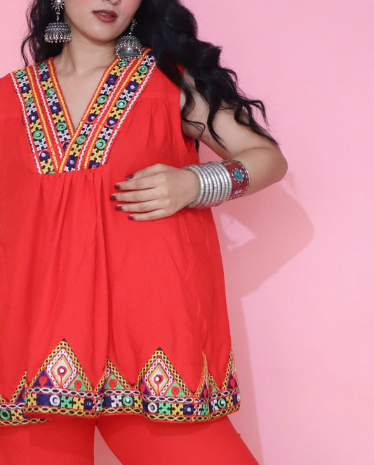 Red Navratri Dress With Embroidery