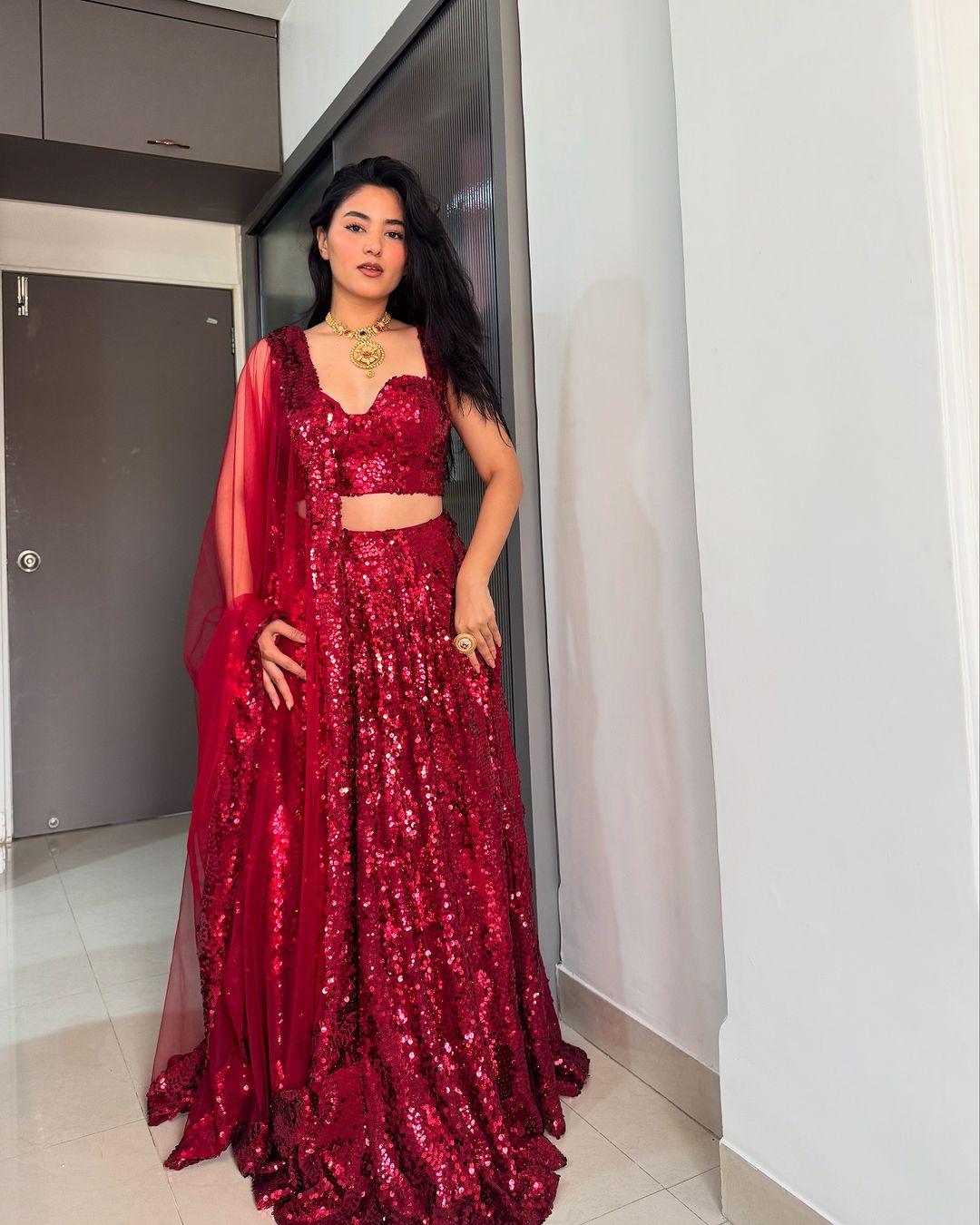 Red Sequin Lehenga