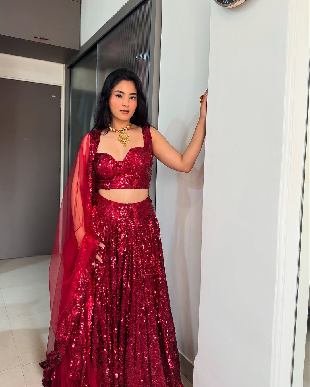 Red Sequin Lehenga