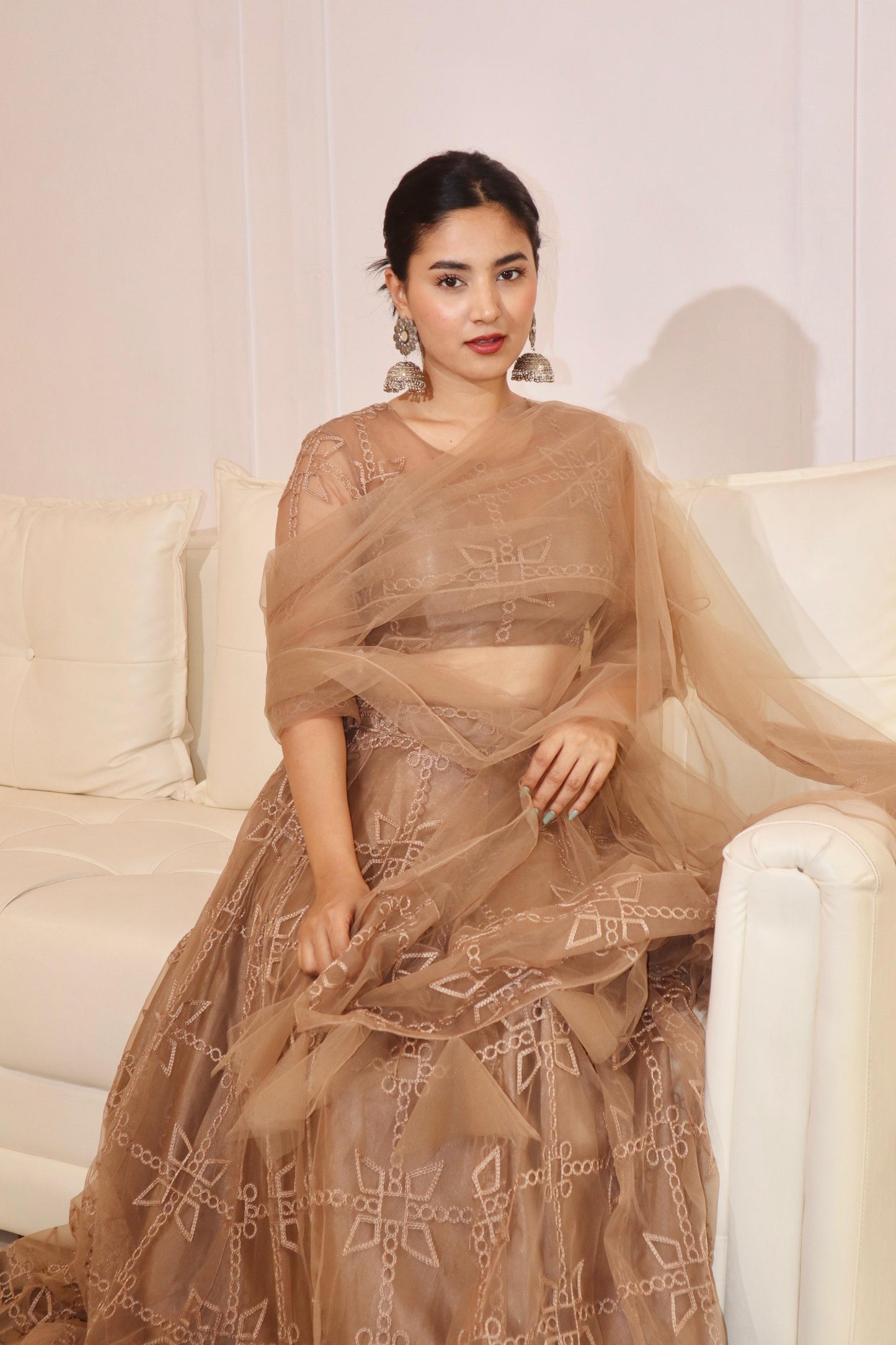 Beige net lehenga