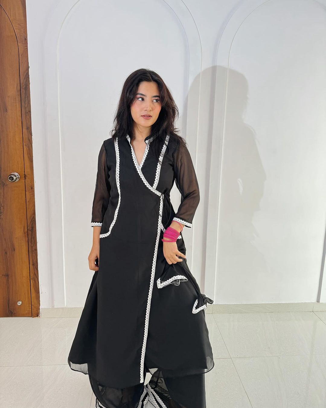 Black georgette suit with cotton lace