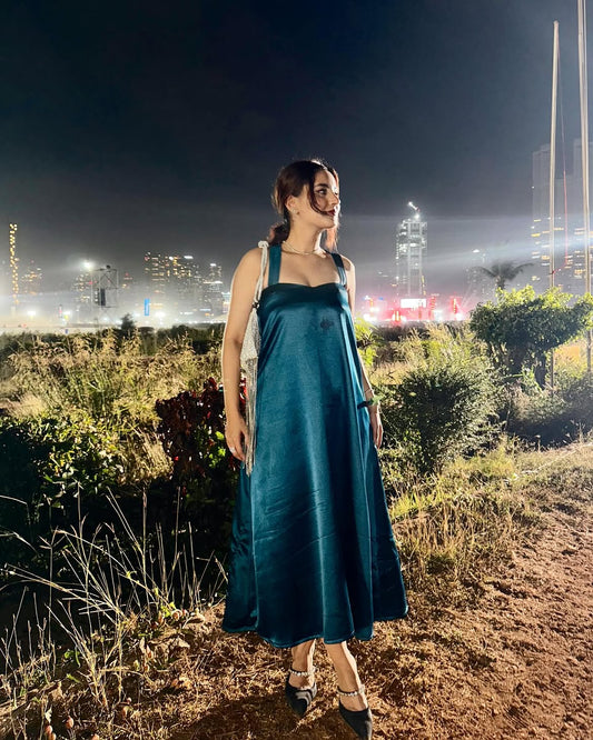 Midnight Teal Satin Slip Dress