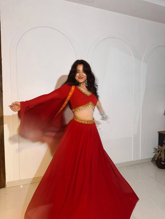 Red Mirror Work Lehenga with Blouse & Dupatta