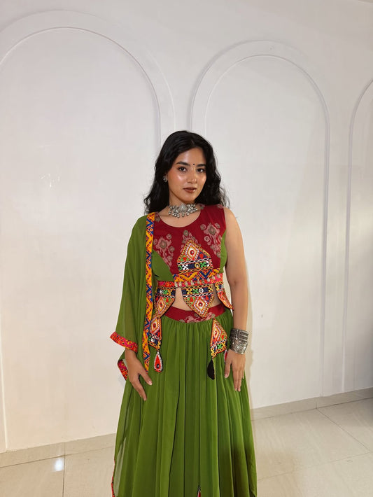 Mehndi Ras Fusion Mirrorwork Lehenga