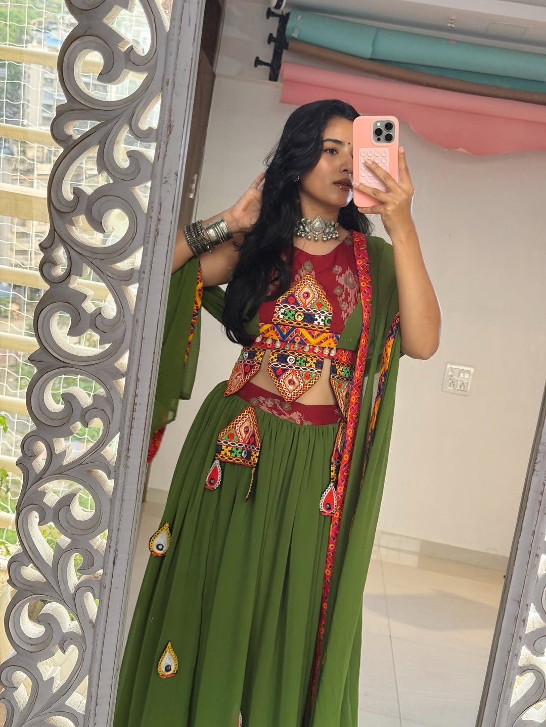 Mehndi Ras Fusion Mirrorwork Lehenga