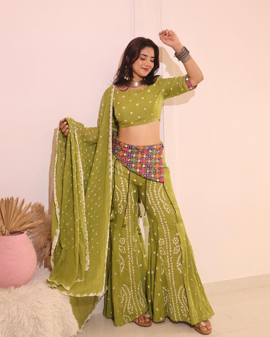 Navratri Green Bandhani plazzo set with Belt