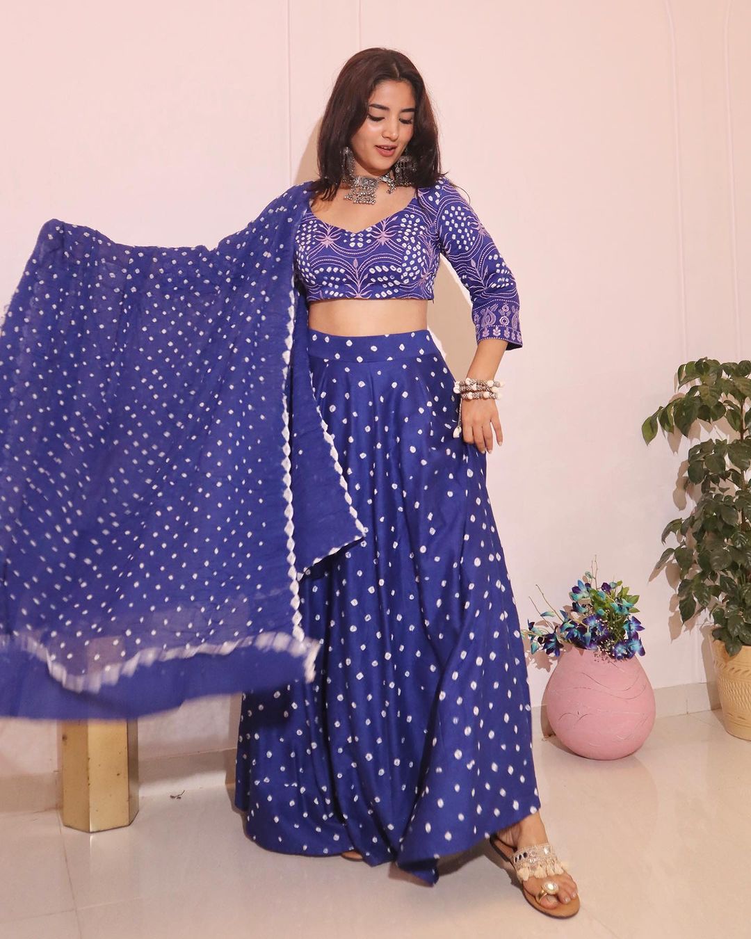 Embroidery Blue Bandhani lehenga