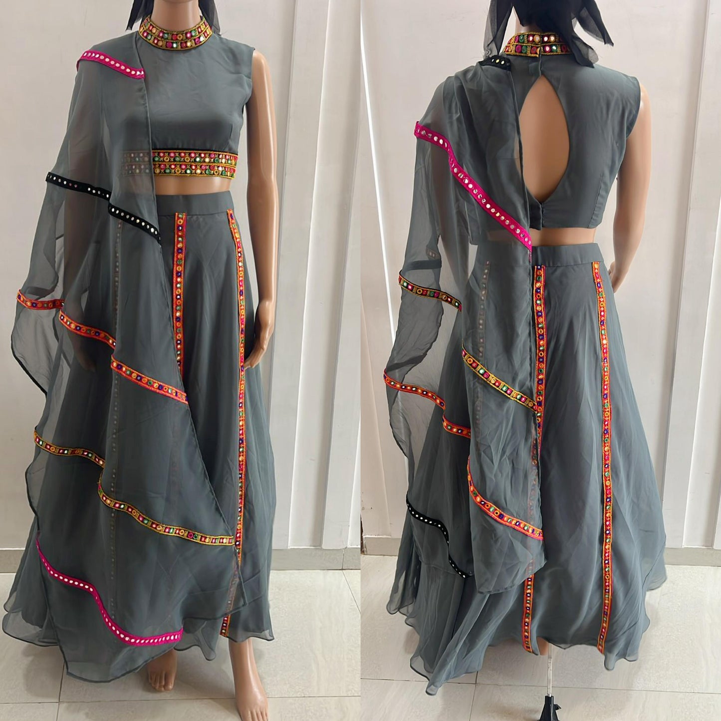 Charcoal Grey Mirror Work Lehenga Set