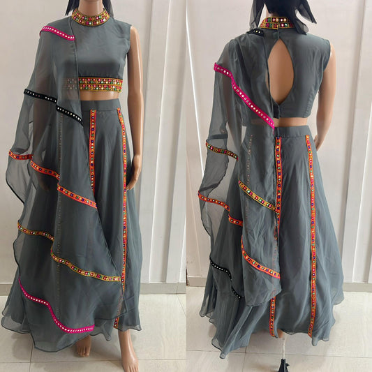 Charcoal Grey Mirror Work Lehenga Set