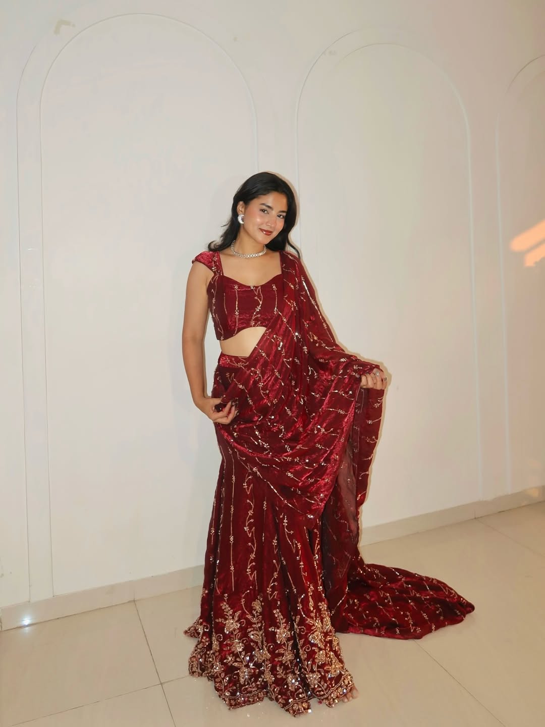 Crimson Regal Cascade Saree