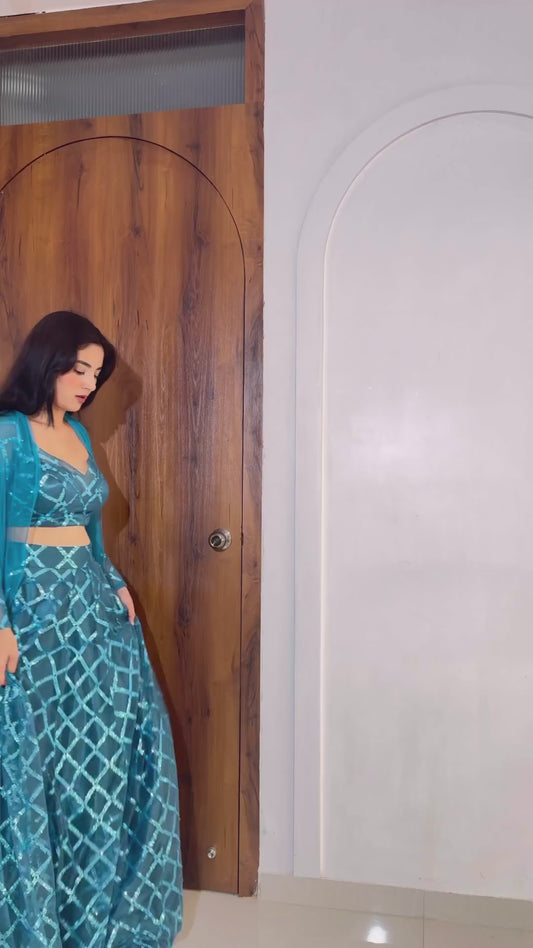 Checks Blue Sequin Lehenga