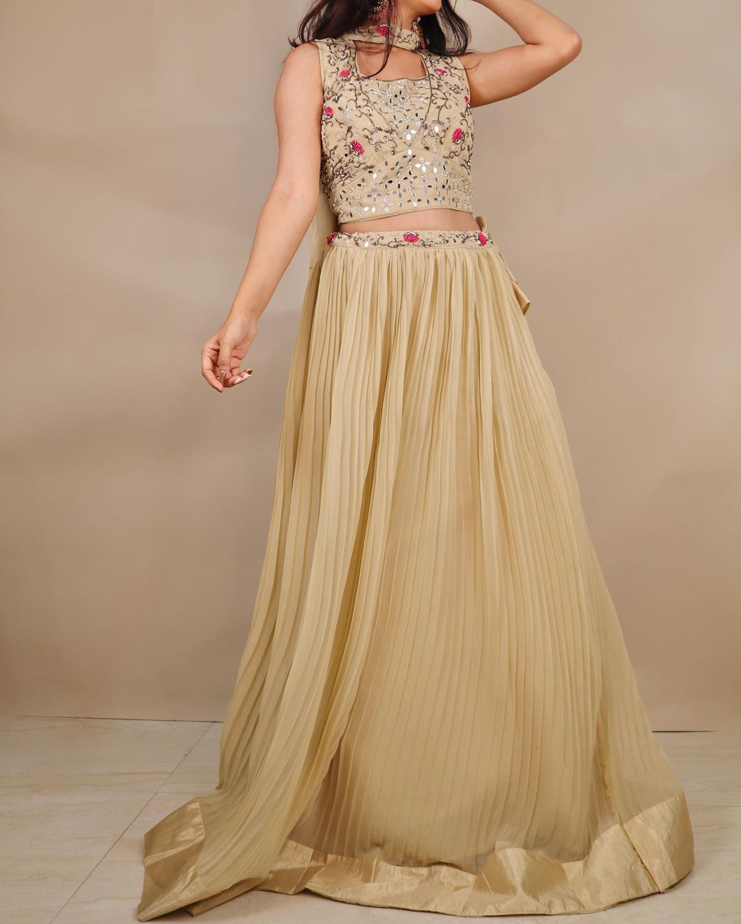 Valentine Silver Organza Pleated Lehenga Set - DISHA PATIL - 4098496