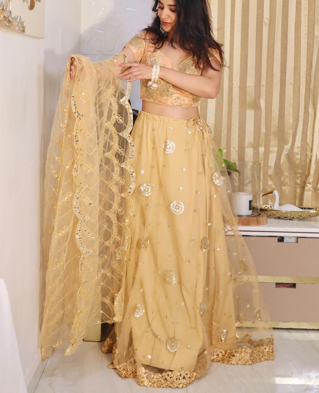 Peach and Gold Lehenga with Sequins work