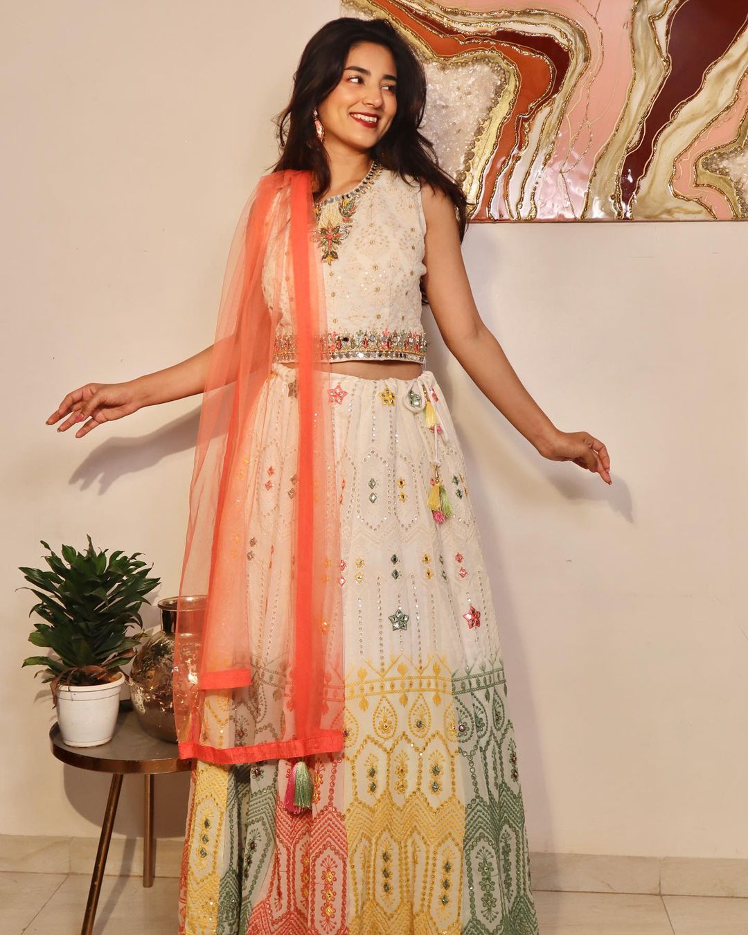 Multicolor lehenga with mirror work