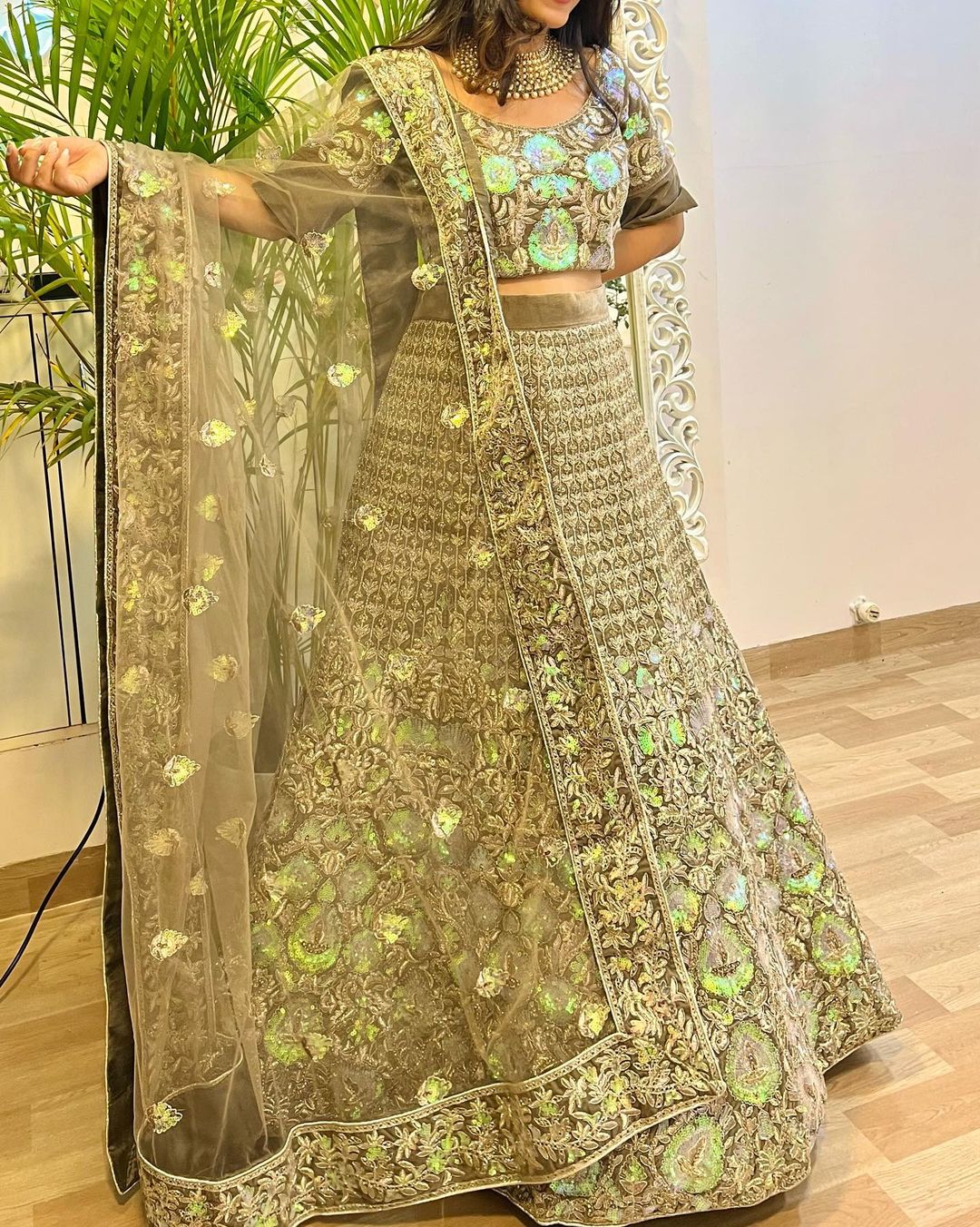 Velvet grey multicolor sequin bridal lehenga