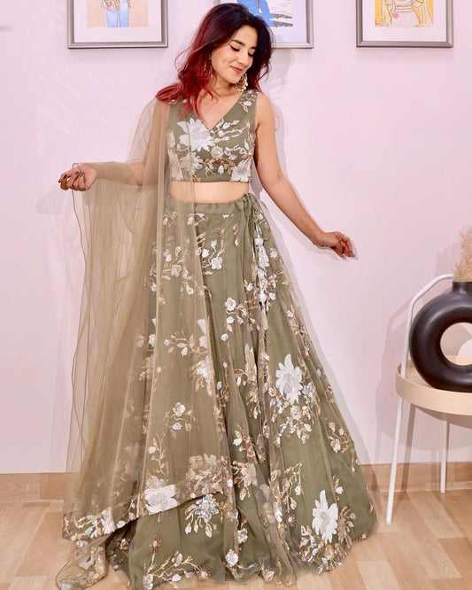 ✨Green with White Floral Lehenga✨