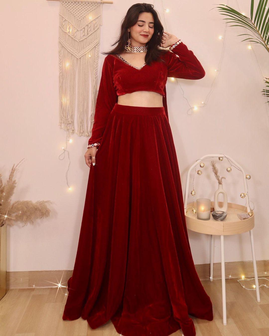 Sangeet Lehengas - Marsala Velvet Blouse with a Copper Lehenga | WedMeGood  | Off-Shoulder Velv… | Designer saree blouse patterns, Bollywood dress,  Reception lehenga