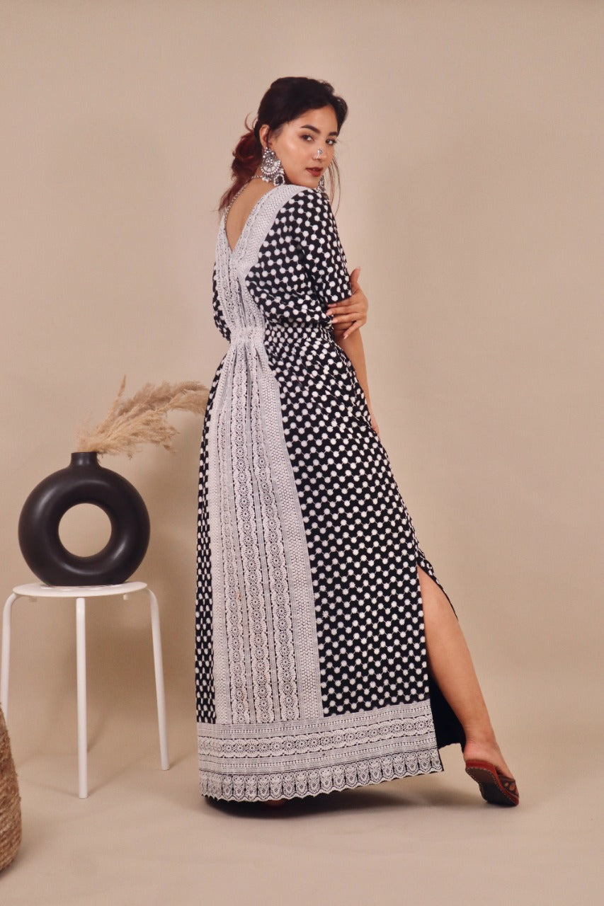 Black and White Kaftan with Chikankari Work