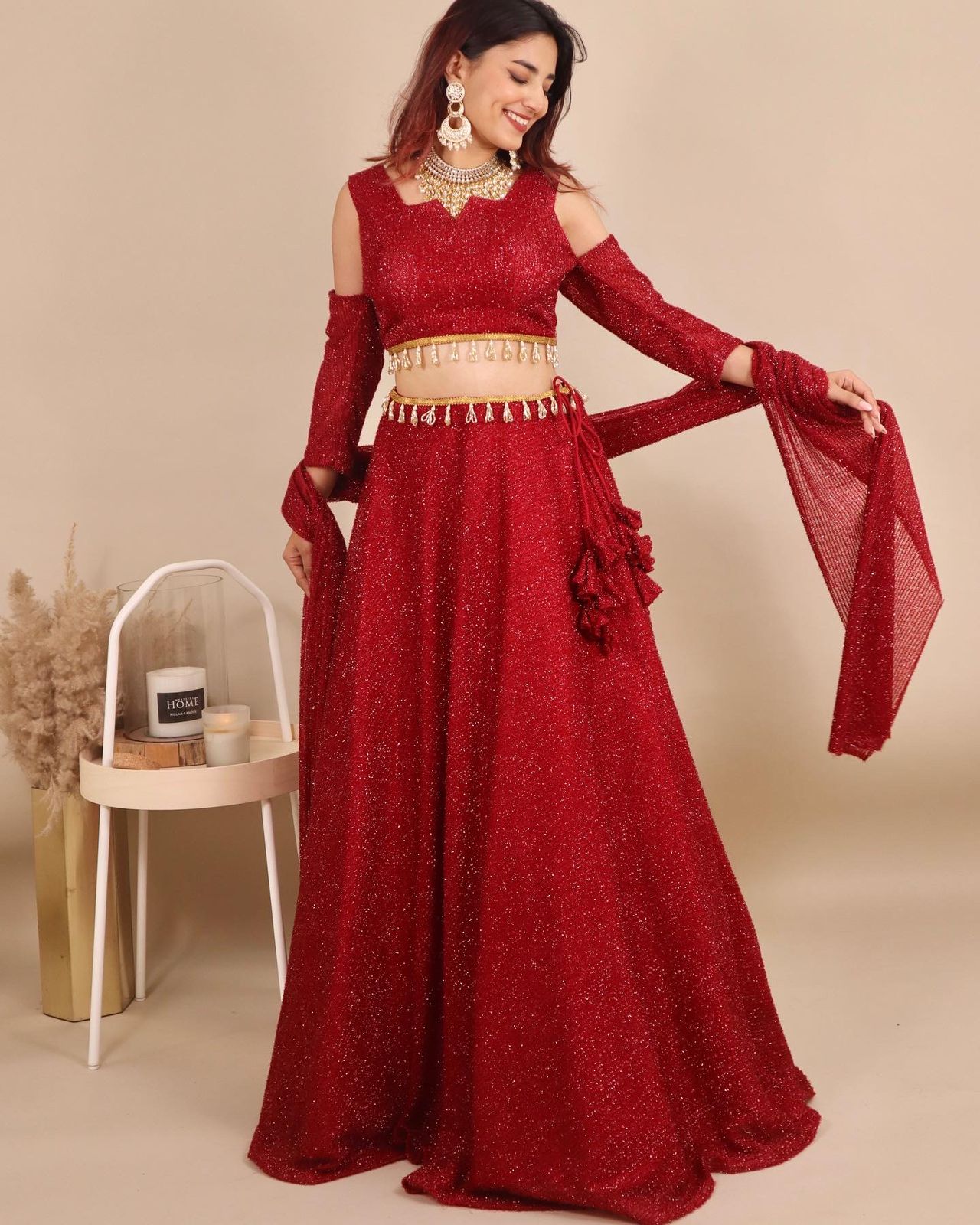 Red Shimmer Lehenga